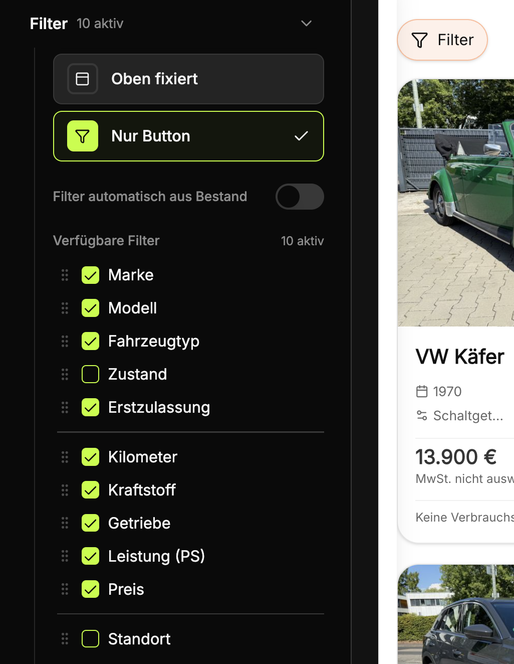 Konfigurator: Filter für die Fahrzeugübersicht auswählen und sortieren